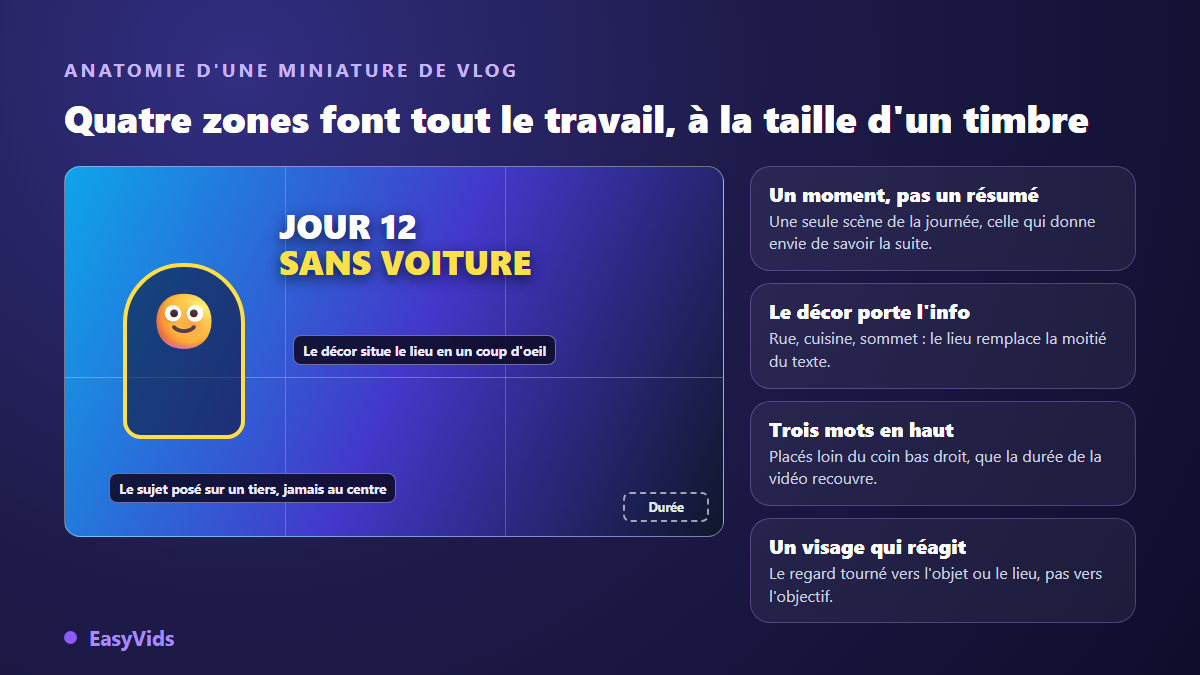 Anatomie d'une miniature de vlog : le sujet posé sur un tiers, le décor qui situe le lieu, trois mots en haut et le coin bas droit laissé libre