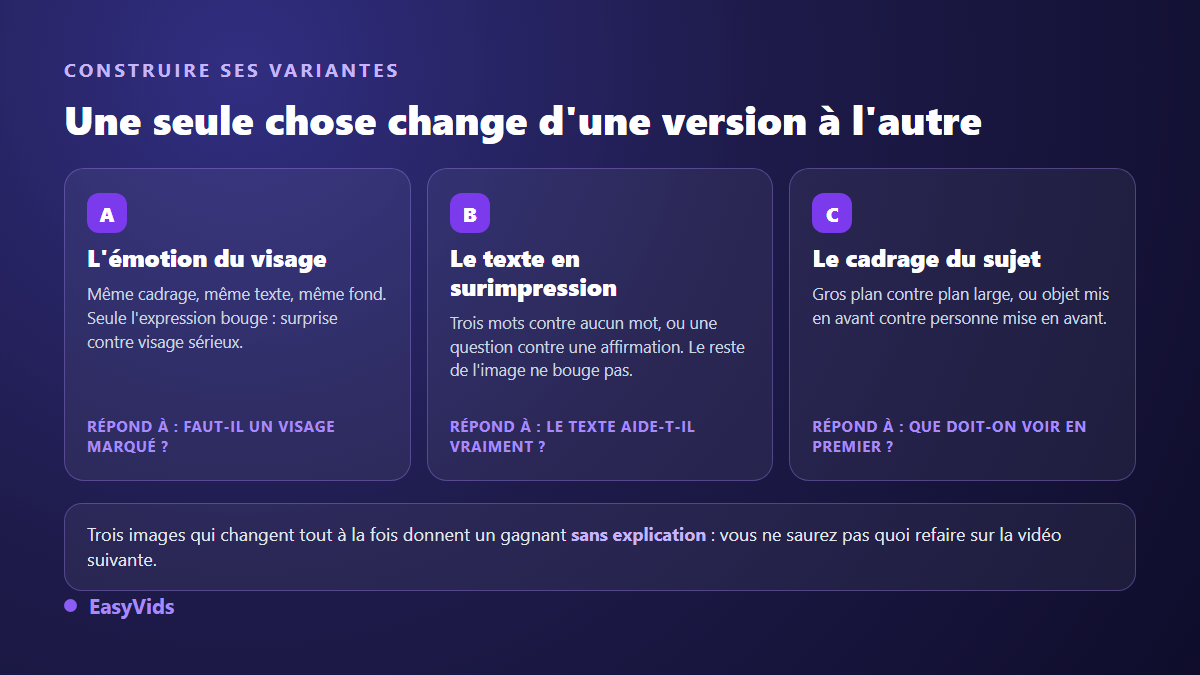 Trois variantes de miniature YouTube construites pour un test A/B, chacune isolant une seule variable : l'émotion du visage, le texte en surimpression, le cadrage du sujet