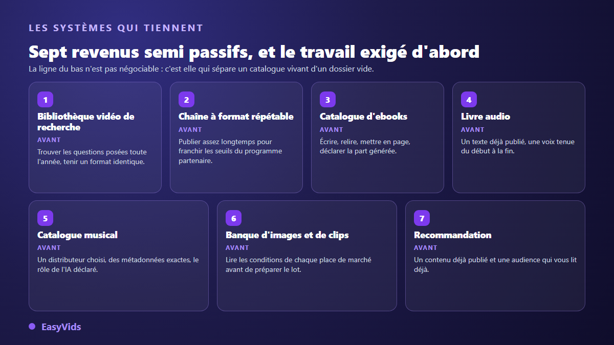 Les sept systèmes de revenus semi passifs avec l'IA et le travail exigé avant le premier revenu