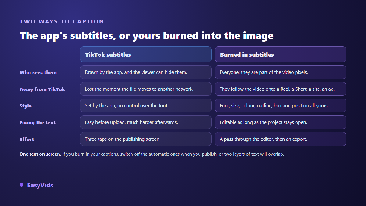 TikTok automatic captions compared with burned in captions across five criteria