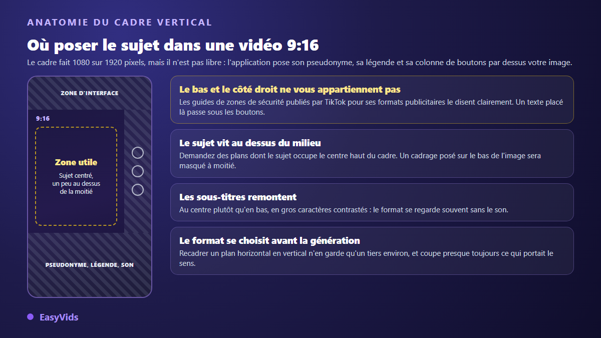 Anatomie d'un plan vertical 9:16 pour TikTok : zone utile centrale, bas et côté droit occupés par l'interface de l'application