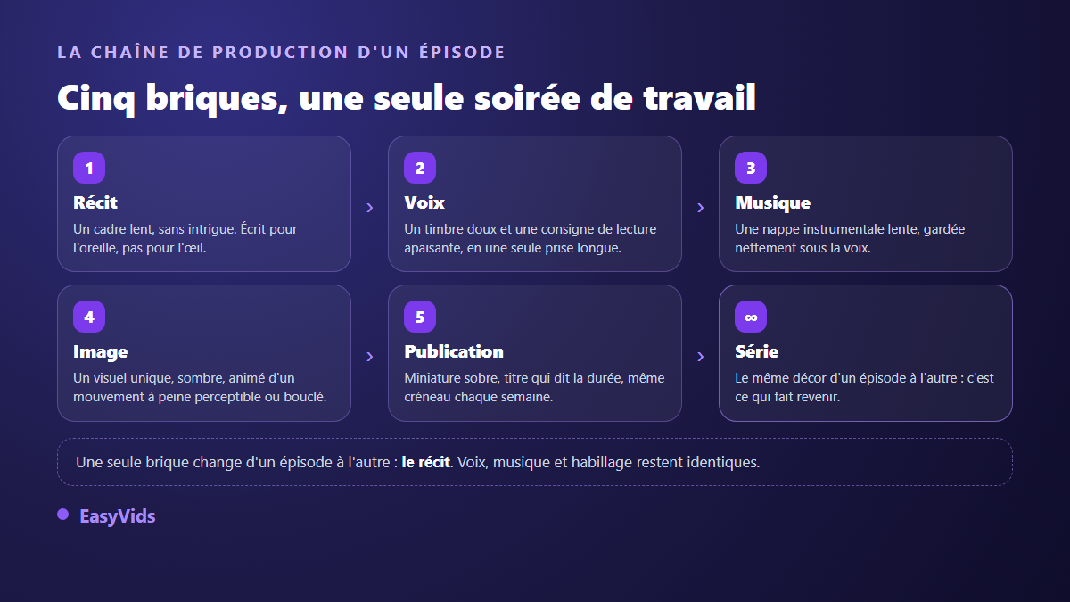 Chaîne de production d'un épisode de relaxation : récit, voix off apaisante, musique instrumentale, image bouclée et publication en série