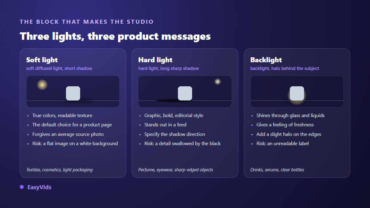 Three product lighting setups compared: soft light, hard light and backlight, with their best use cases