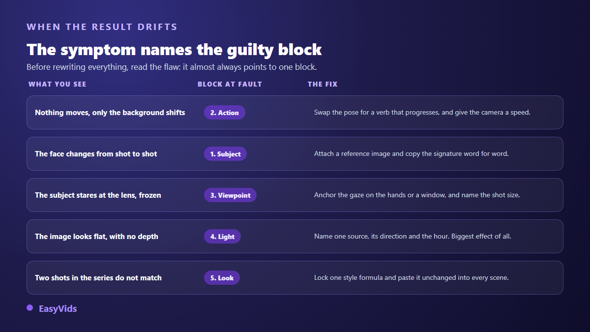 Diagnostic table for an AI video prompt: the visible symptom points to the block to fix