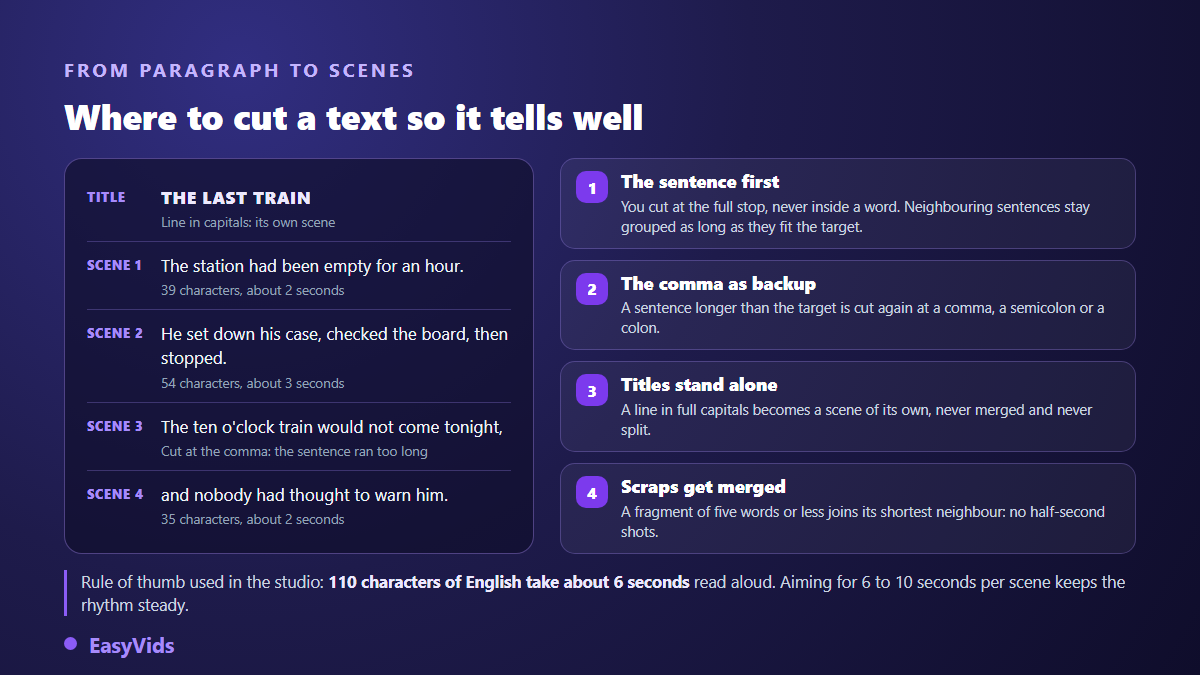 Splitting a text into scenes for a narrated video: cut at sentence ends, recut at commas, isolated headings, short fragments merged