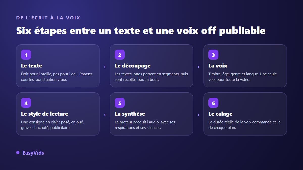 Les six étapes d'une voix off IA : texte, découpage, choix de la voix, style de lecture, synthèse et calage sur l'image