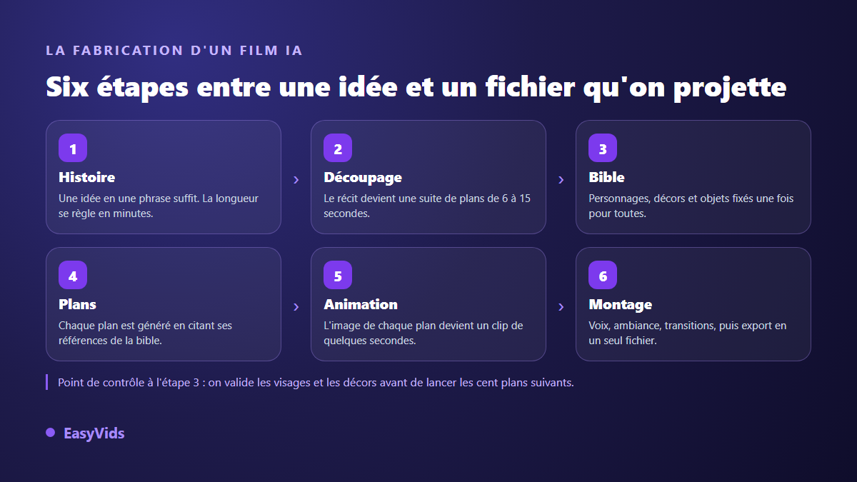 Les six étapes pour créer un film avec l'IA : histoire, découpage en plans, bible des personnages, génération des plans, animation, montage