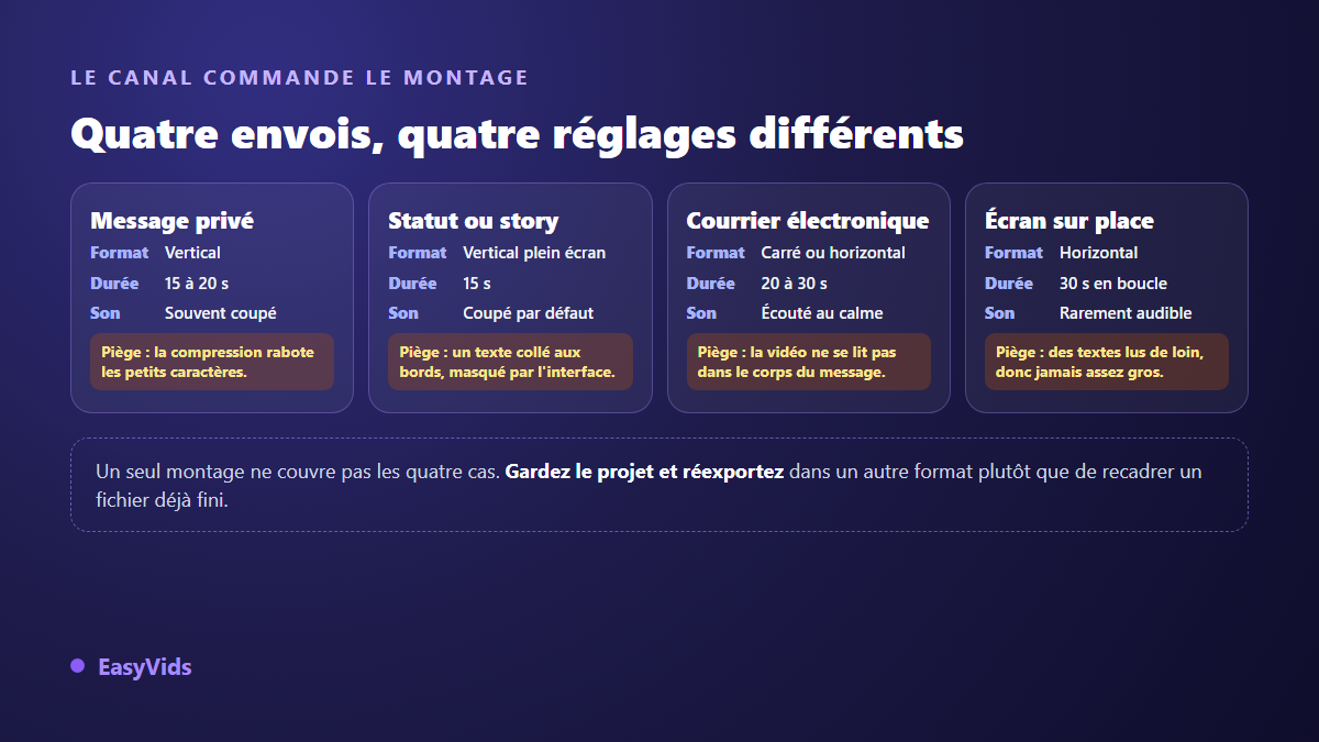 Grille de décision d'une invitation vidéo : format, durée et contrainte sonore selon le canal d'envoi