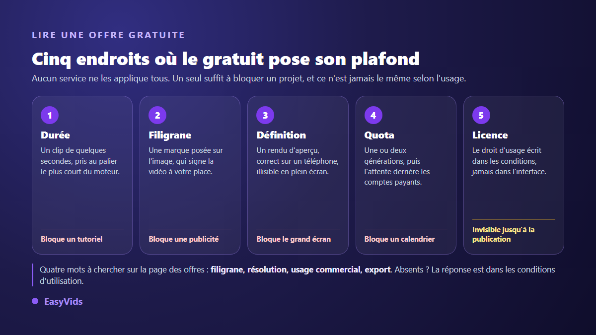 Les cinq limites d'un générateur de vidéo IA gratuit : durée du clip, filigrane, définition, quota quotidien et licence d'usage