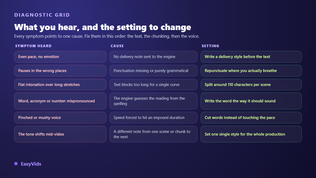 Diagnostic grid for a robotic AI voice: symptom heard, likely cause and setting to change