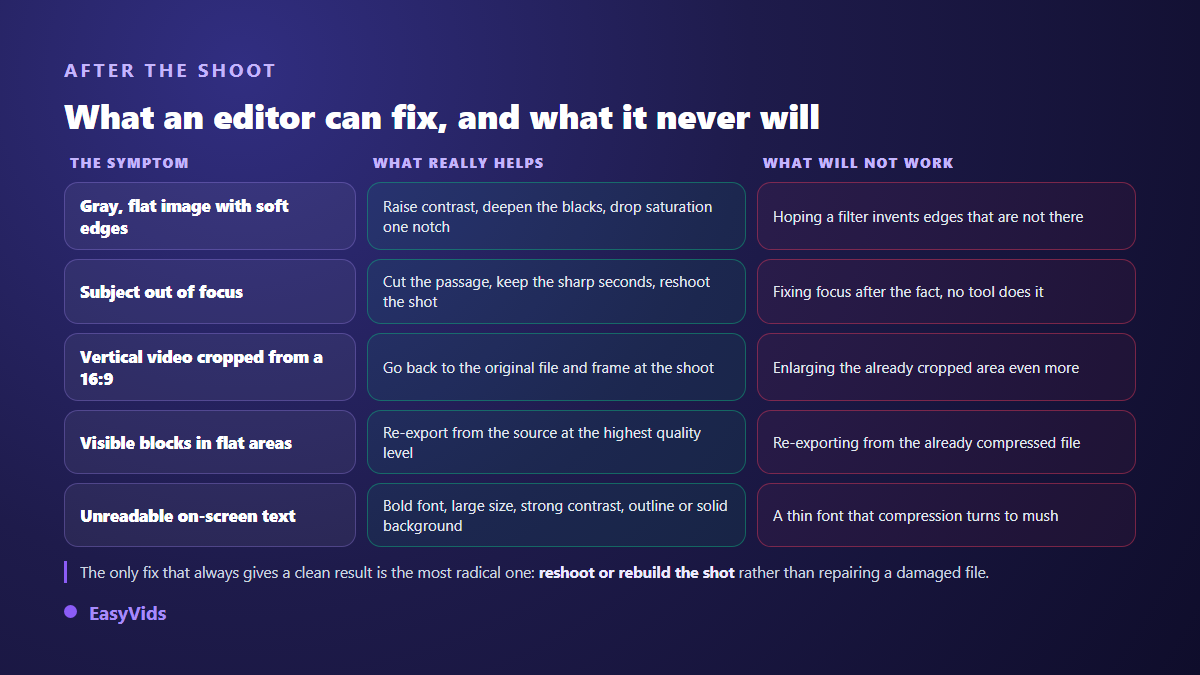 Table of blurry video symptoms with what an online editor can fix and what it can never rebuild