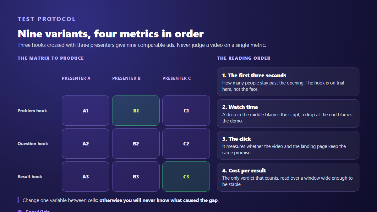 Nine variant ad testing matrix and the reading order of the four performance metrics