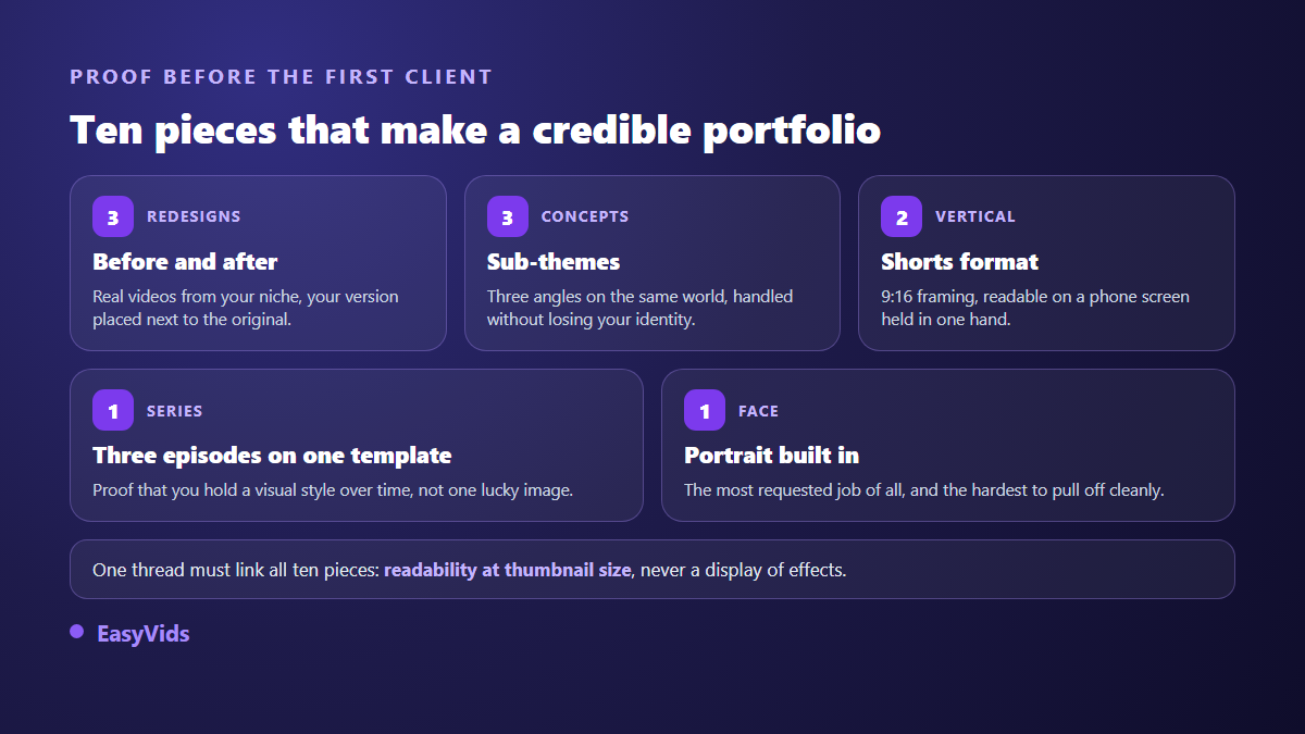 Portfolio breakdown for a YouTube thumbnail service: redesigns, niche concepts, vertical formats, a series and a portrait