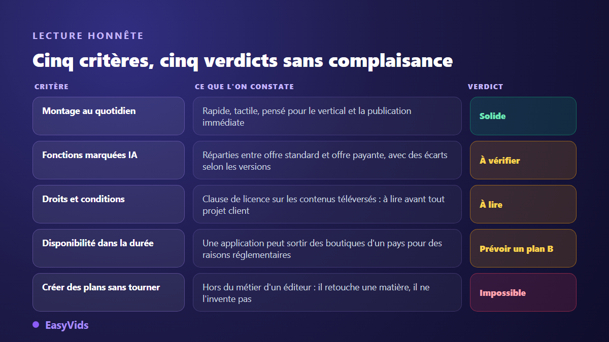 Cinq critères pour juger CapCut : montage, fonctions IA payantes, conditions d'utilisation, disponibilité et création de plans