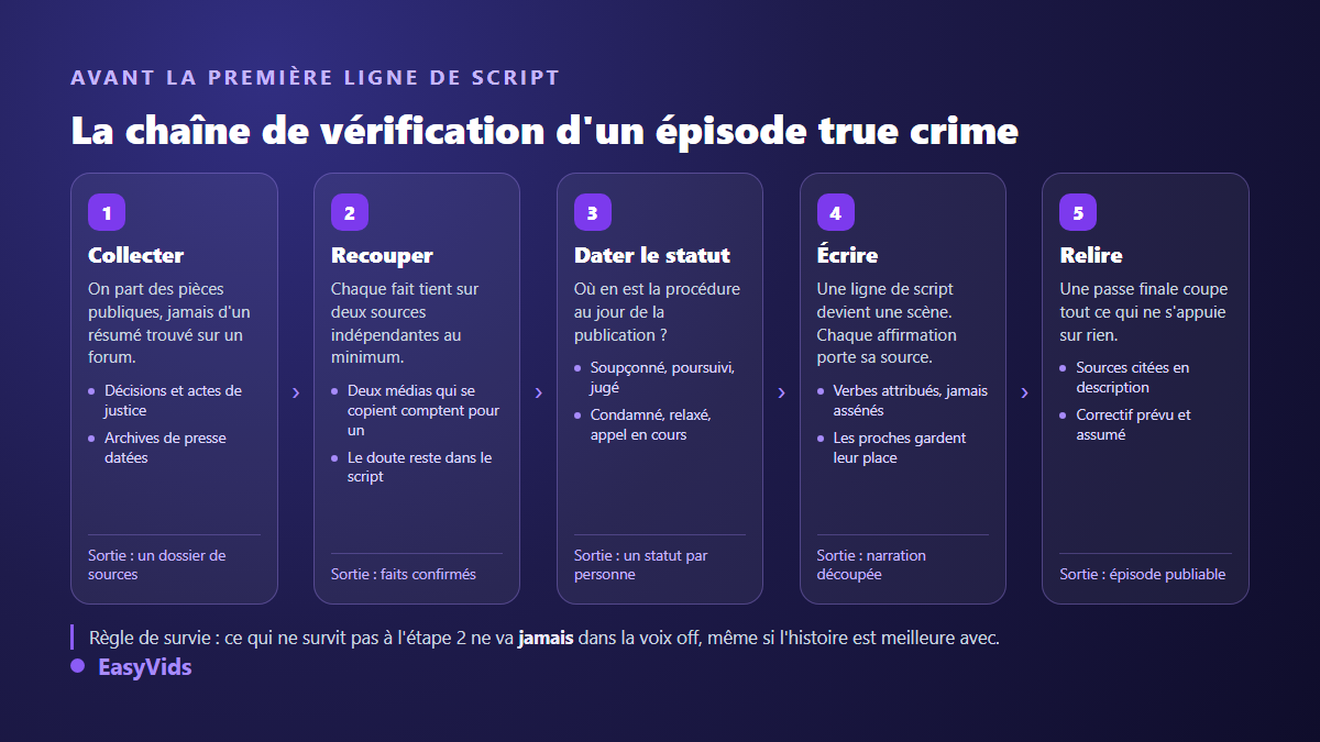 Chaîne de vérification d'un épisode true crime, de la collecte des sources primaires à la relecture avant publication
