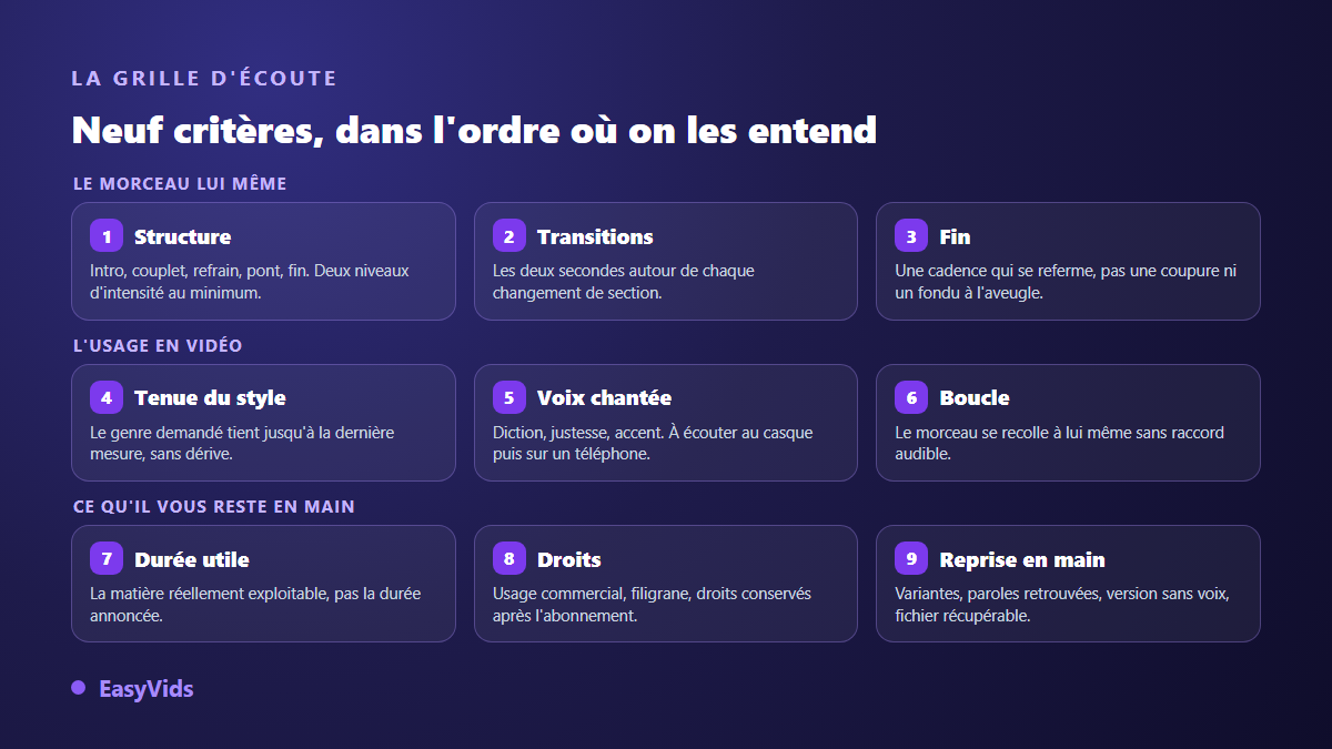 Grille des neuf critères pour choisir un générateur de musique IA : structure, transitions, fin, style, voix chantée, boucle, durée, droits, reprise en main