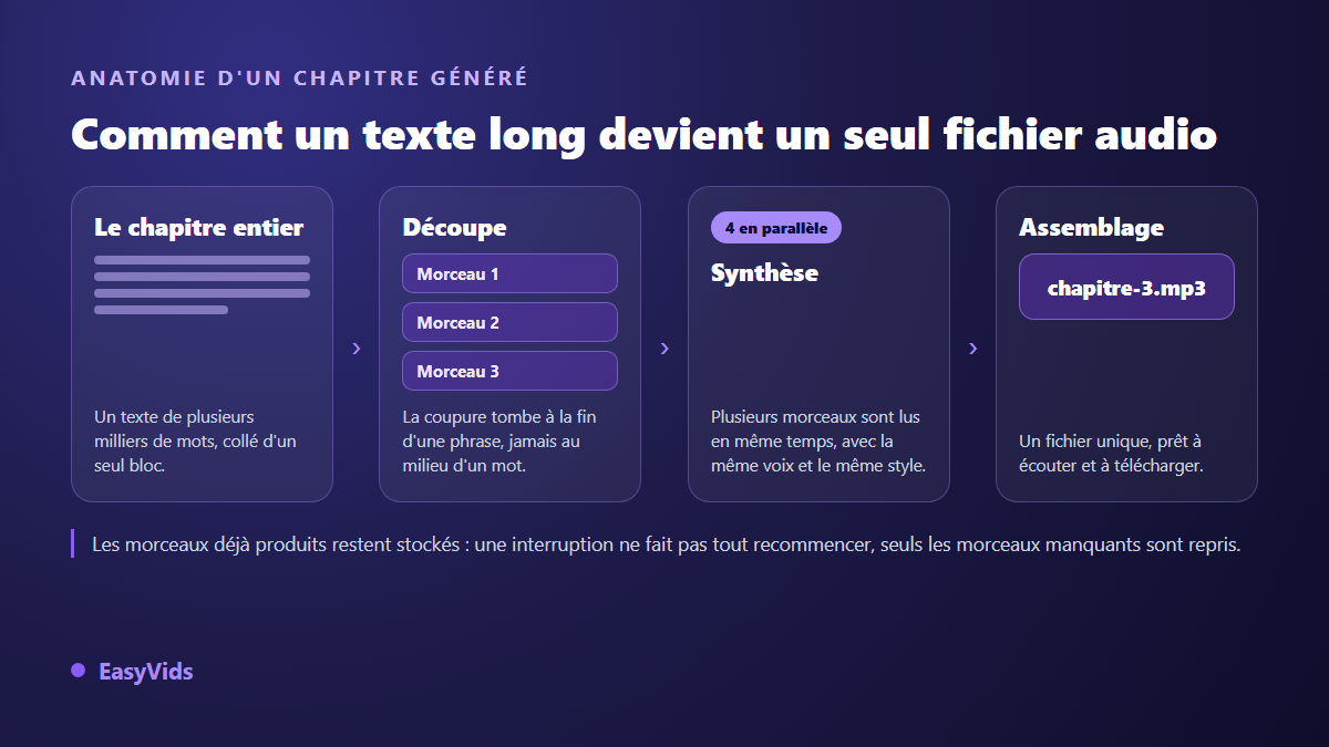 Comment un chapitre de livre long devient un seul fichier audio : découpe en fin de phrase, génération en parallèle, assemblage en un MP3
