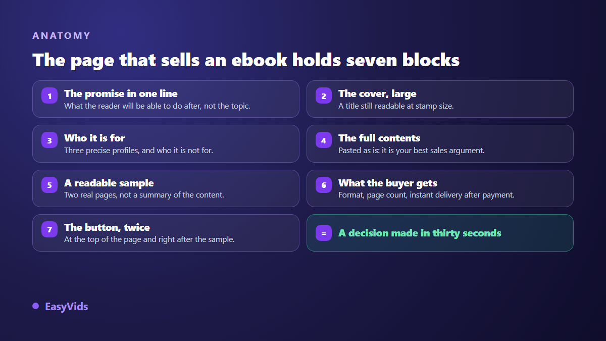 Anatomy of an ebook sales page in seven blocks: promise, cover, target reader, contents, sample, what the buyer receives and the buy button