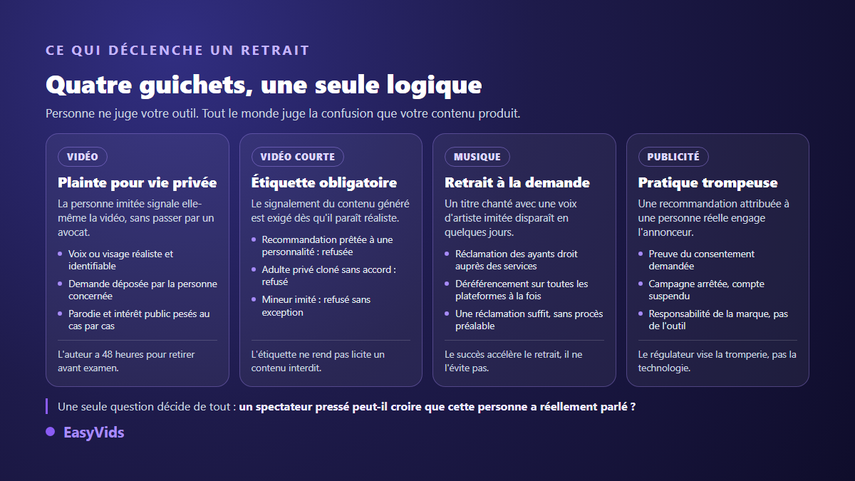 Ce qui déclenche le retrait d'une voix de célébrité imitée par IA sur les plateformes vidéo, musicales et publicitaires