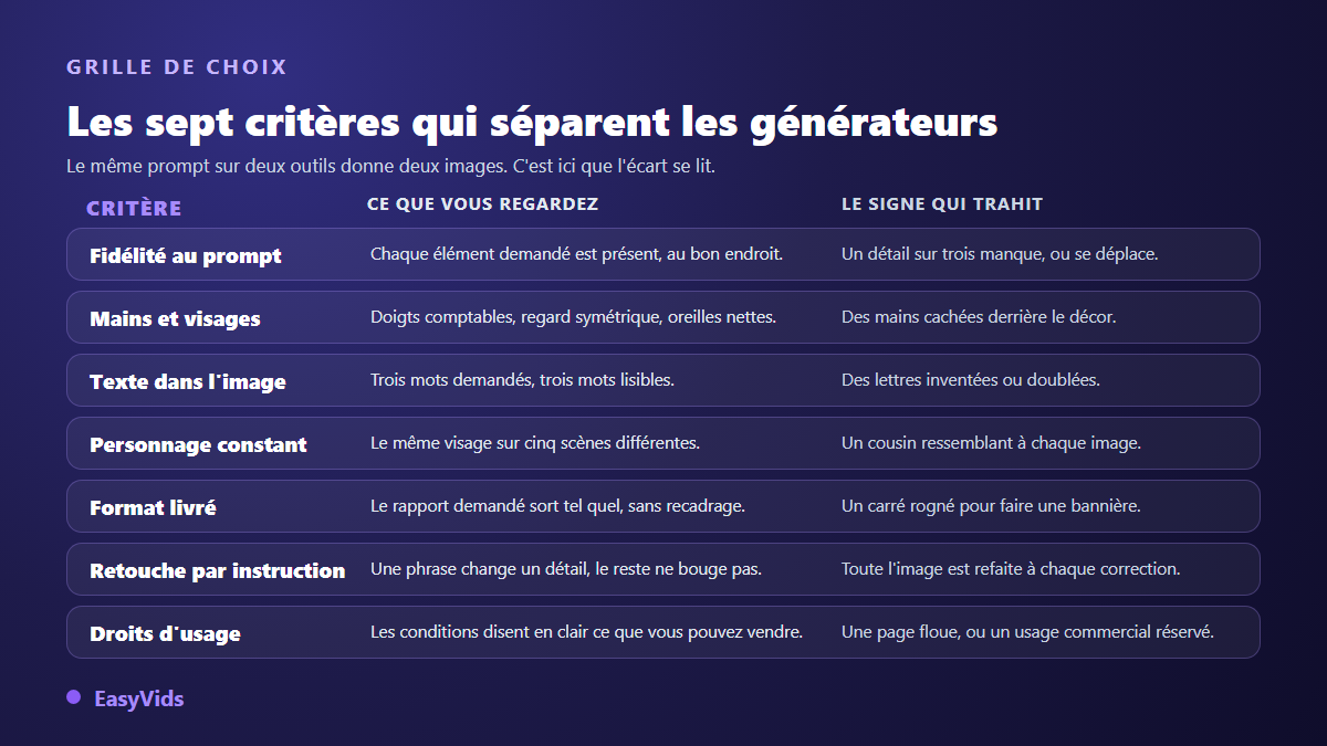 Grille des sept critères pour choisir un générateur d'images IA : fidélité au prompt, mains et visages, texte, personnage, format, retouche, droits