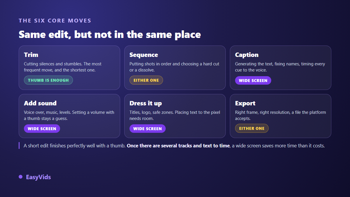 The six video editing moves, trim, sequence, caption, add sound, dress up and export, with the device best suited to each