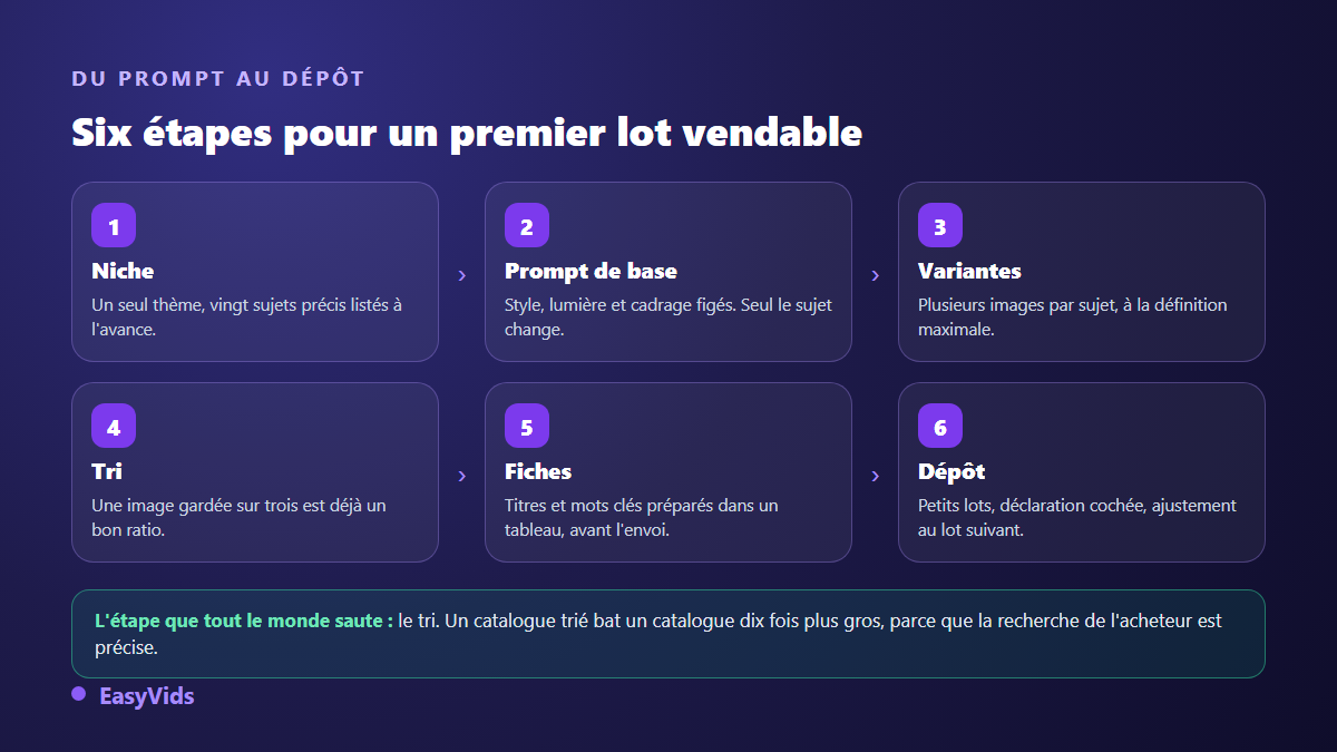 Chaîne de travail pour vendre des images IA : niche, génération en variantes, tri, préparation du fichier, dépôt et déclaration