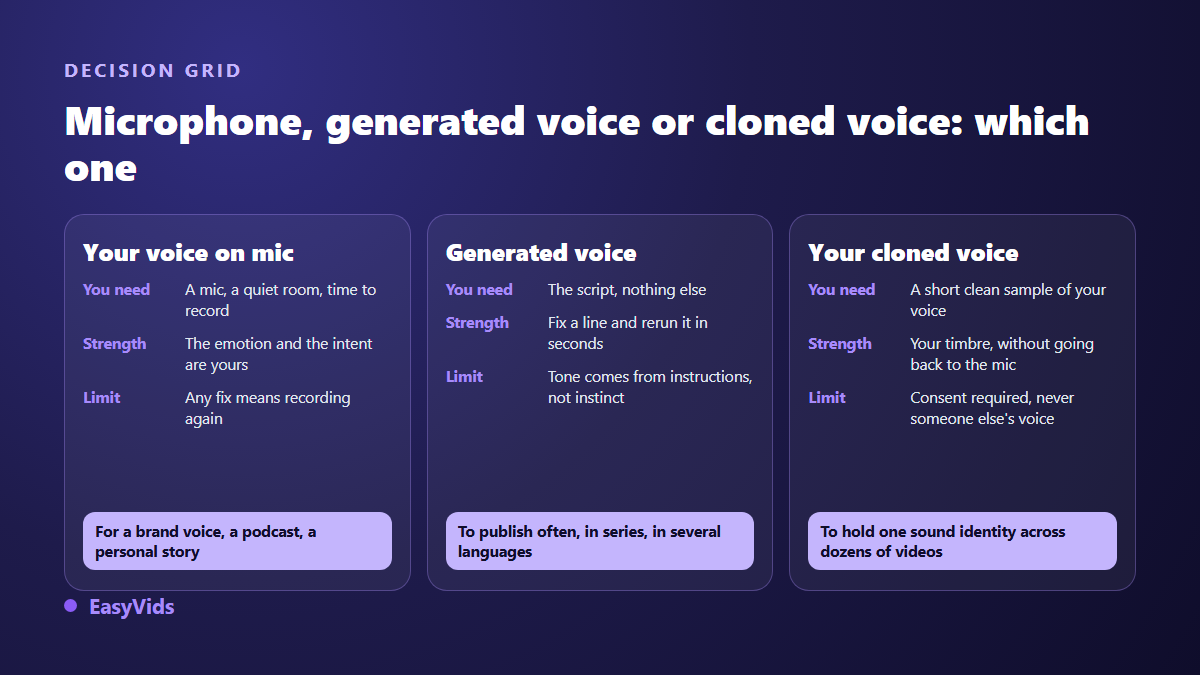Decision grid between recording a voice over on a mic, generating an AI voice, or cloning your own voice