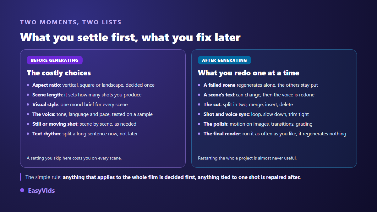Settings to lock before generating and fixes available afterwards on a video built from a script