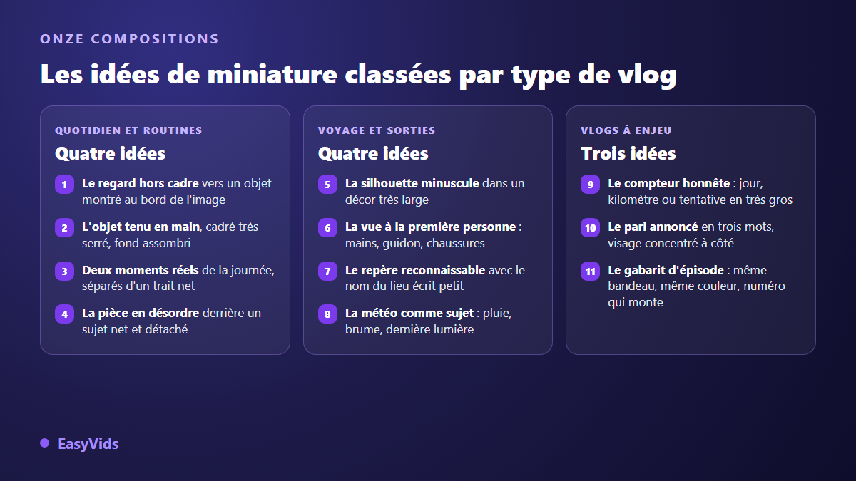 Onze idées de miniature de vlog classées par type de vidéo : quotidien, voyage et vlogs à enjeu