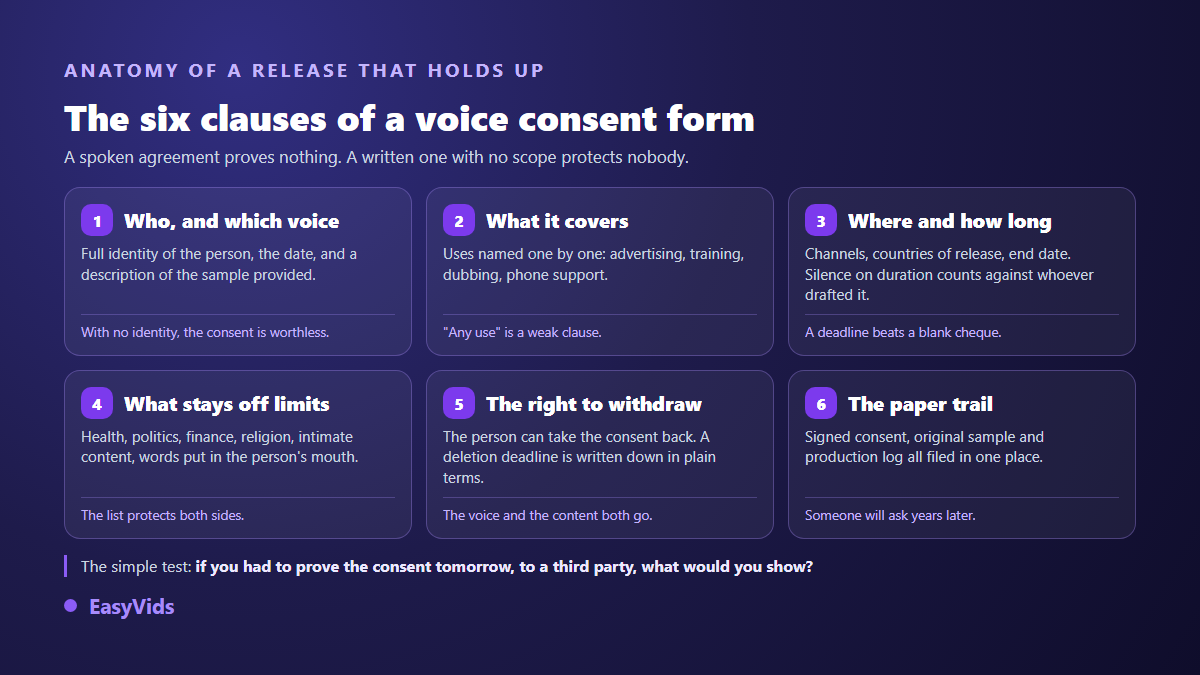 The six clauses a written voice consent agreement needs before any AI voice cloning