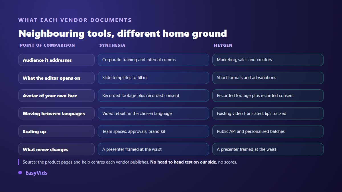 HeyGen vs Synthesia comparison table: target audience, custom avatar, translation, scaling