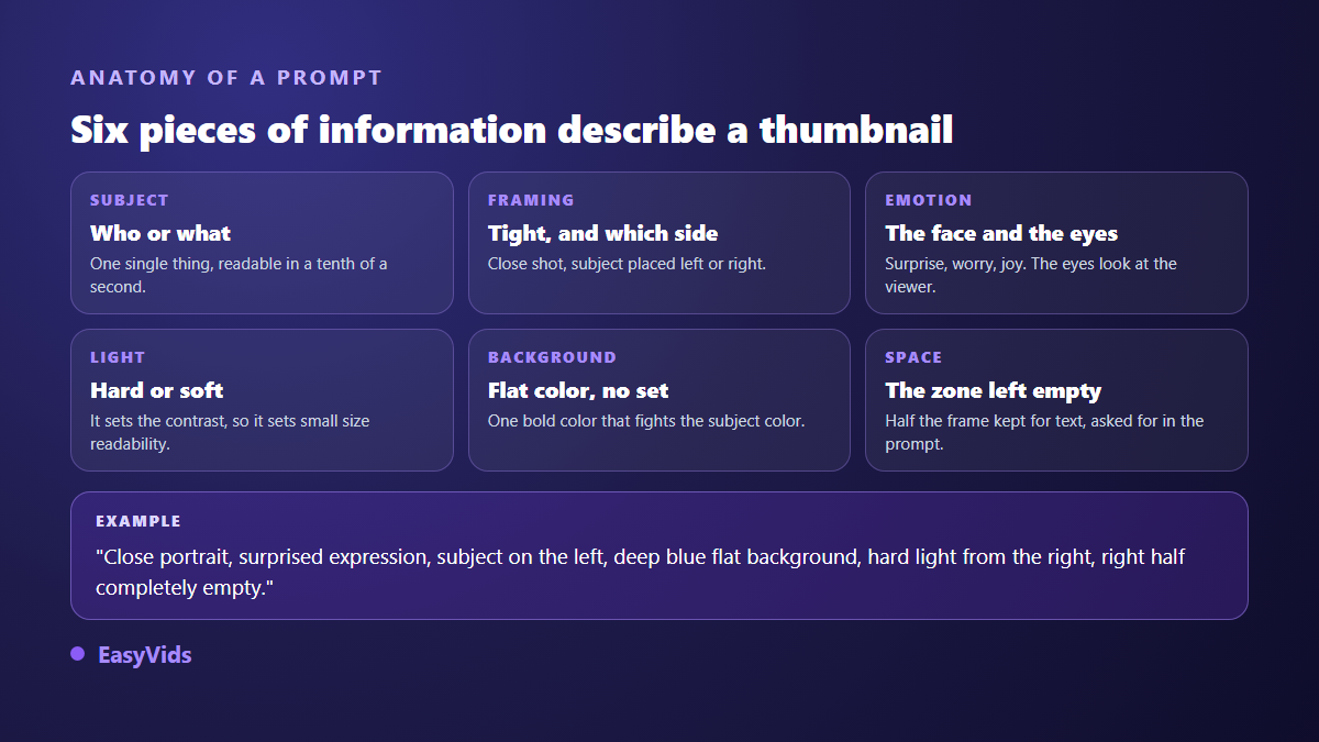 Anatomy of a YouTube thumbnail prompt: subject, framing, emotion, lighting, background and the empty zone left for text